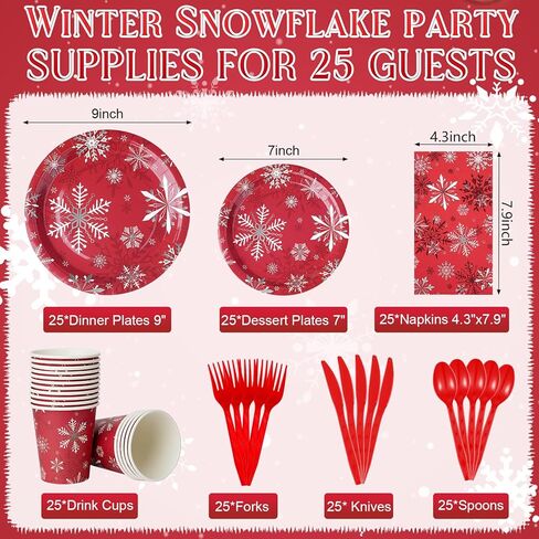 مجموعة أطباق ومناديل ورقية من ندفة الثلج لعيد الميلاد تخدم 50 قطعة، للاستعمال مرة واحدة، أطباق ندفة الثلج لعطلة الشتاء الحمراء وأكواب أدوات المائدة ومستلزمات الحفلات لعيد الميلاد وعطلة الشتاء ورأس السنة الجديدة وزينة حفلات أعياد الميلاد in Kuwait