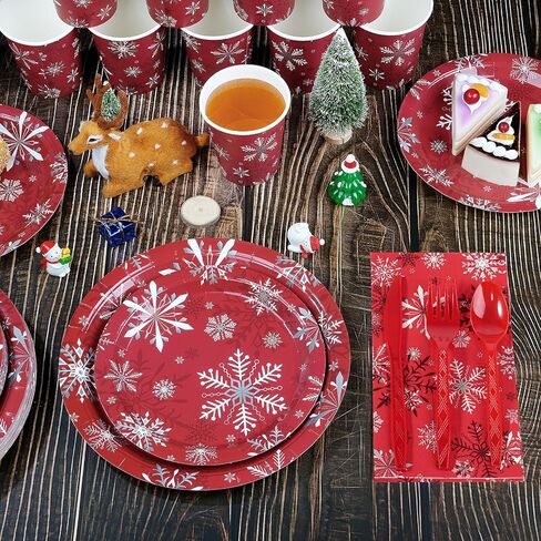 مجموعة أطباق ومناديل ورقية من ندفة الثلج لعيد الميلاد تخدم 50 قطعة، للاستعمال مرة واحدة، أطباق ندفة الثلج لعطلة الشتاء الحمراء وأكواب أدوات المائدة ومستلزمات الحفلات لعيد الميلاد وعطلة الشتاء ورأس السنة الجديدة وزينة حفلات أعياد الميلاد in Kuwait