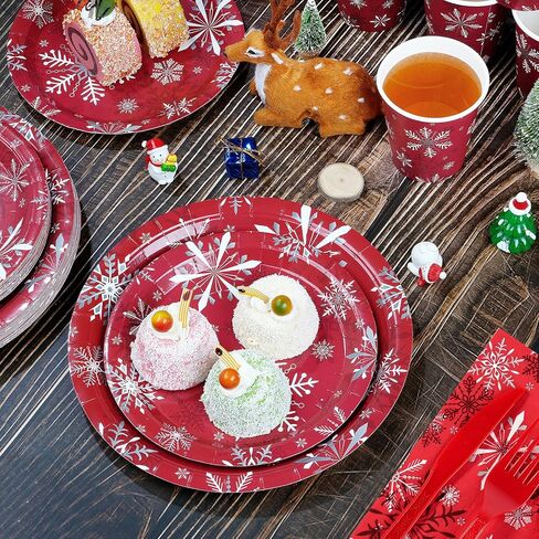 مجموعة أطباق ومناديل ورقية من ندفة الثلج لعيد الميلاد تخدم 50 قطعة، للاستعمال مرة واحدة، أطباق ندفة الثلج لعطلة الشتاء الحمراء وأكواب أدوات المائدة ومستلزمات الحفلات لعيد الميلاد وعطلة الشتاء ورأس السنة الجديدة وزينة حفلات أعياد الميلاد in Kuwait