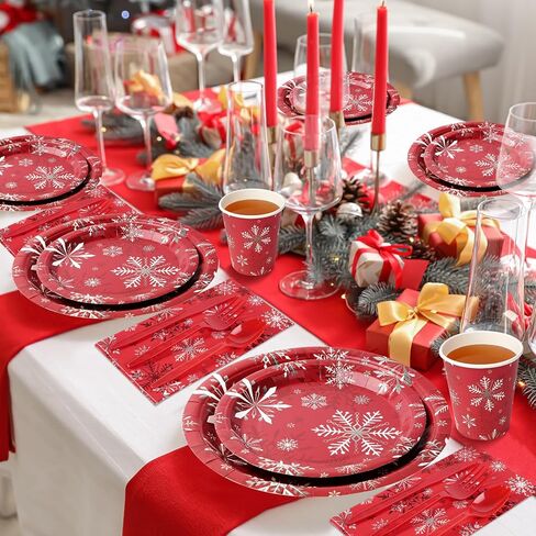 مجموعة أطباق ومناديل ورقية من ندفة الثلج لعيد الميلاد تخدم 50 قطعة، للاستعمال مرة واحدة، أطباق ندفة الثلج لعطلة الشتاء الحمراء وأكواب أدوات المائدة ومستلزمات الحفلات لعيد الميلاد وعطلة الشتاء ورأس السنة الجديدة وزينة حفلات أعياد الميلاد in Kuwait