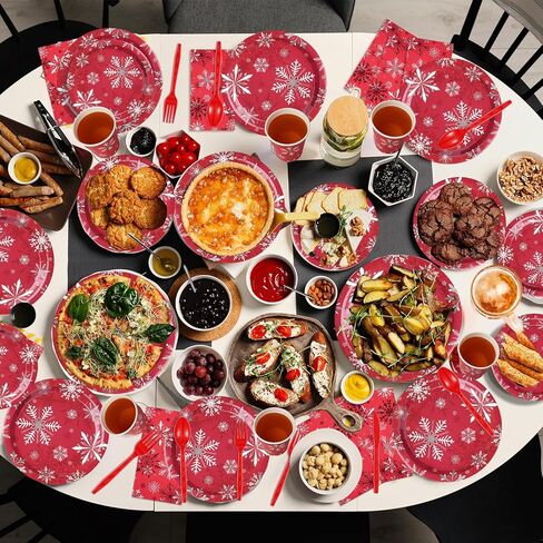 مجموعة أطباق ومناديل ورقية من ندفة الثلج لعيد الميلاد تخدم 50 قطعة، للاستعمال مرة واحدة، أطباق ندفة الثلج لعطلة الشتاء الحمراء وأكواب أدوات المائدة ومستلزمات الحفلات لعيد الميلاد وعطلة الشتاء ورأس السنة الجديدة وزينة حفلات أعياد الميلاد in Kuwait