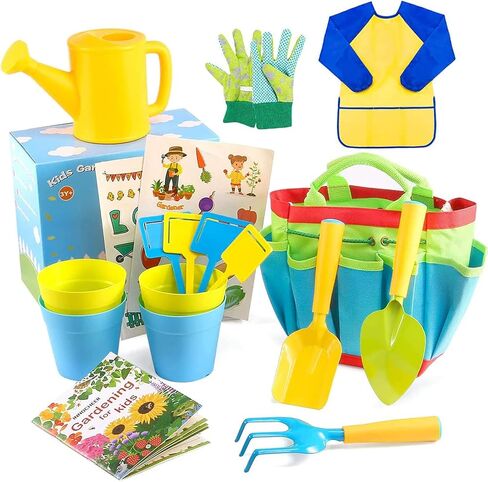 أدوات البستنة للأطفال من INNOCHEER، مجموعة أدوات الحديقة للأطفال مع كتاب دليل البستنة، علبة سقي، قفازات، مجرفة، مشط، مجرفة، سموك للأطفال وقبعة، الكل في واحد حقيبة البستنة (متعددة الألوان) in Kuwait