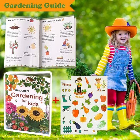 أدوات البستنة للأطفال من INNOCHEER، مجموعة أدوات الحديقة للأطفال مع كتاب دليل البستنة، علبة سقي، قفازات، مجرفة، مشط، مجرفة، سموك للأطفال وقبعة، الكل في واحد حقيبة البستنة (متعددة الألوان) in Kuwait