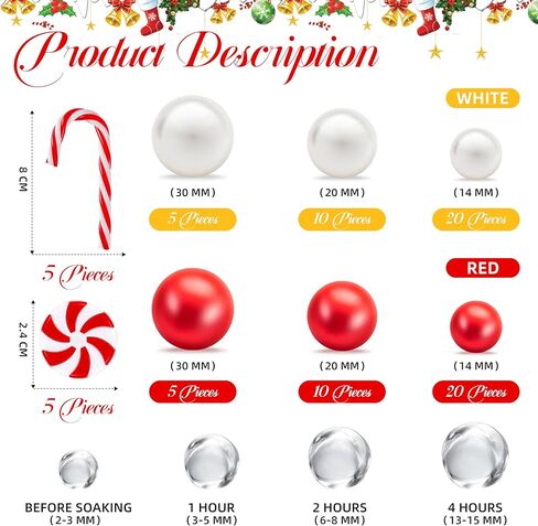 BYMORE 10000+ مجموعة حشو المزهرية العائمة DIY بما في ذلك 10000 قطعة من خرز جل الماء و70 قطعة من اللؤلؤ الأبيض الأحمر و20 قطعة من قصب الحلوى لديكور طاولة المنزل في عيد الميلاد in Kuwait