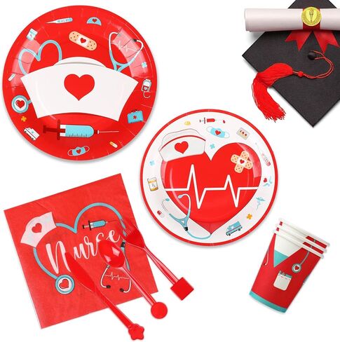 168 قطعة من ديكورات حفلات التخرج للممرضات، مجموعة أدوات مائدة لحفلات أعياد الميلاد الطبية للأطباء والممرضات مكونة من 24 ضيفًا وأطباق حلوى العشاء وأكواب ومناديل للأطباء النهاريين ومدرسة التمريض ومستلزمات الحفلات (أسود) in Kuwait