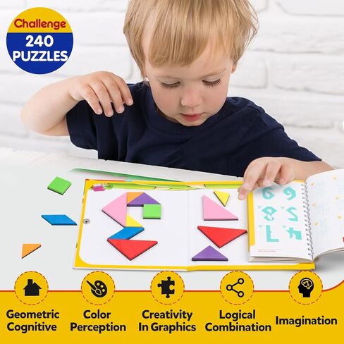 Travel Tangram Puzzle Car Game Magnetic Pattern Blocks Road Airplane Trip Essentials Activities Montessori Educational Toys Brain Teasers Book for Age 4-8 Kids Boys Girls Toddler (240 Solution) in Kuwait