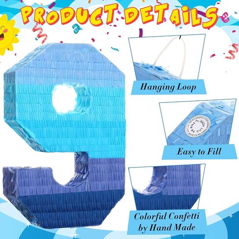 Number 1 Pinata with Stick Blindfold Confetti, Gradient Blue Pinata for Kids 1st Birthday Party Large Blue Pinata for Boys Girls Birthday Anniversary Celebration Decoration Supplies (Number 1) in Kuwait