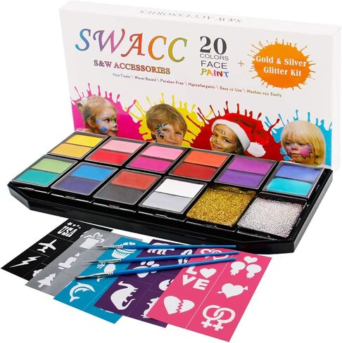 مجموعة طلاء الوجه للأطفال من سواك - 20 لونًا قابلاً للغسل + بريق ذهبي وفضي + 30 ستينسل + 3 فرش - مكياج آمن للوجه والجسم لحفلات الهالوين - غير سام، أساس مائي وسهل الاستخدام in Kuwait