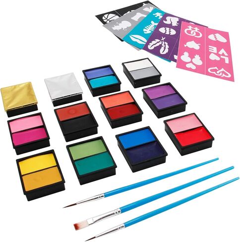 مجموعة طلاء الوجه للأطفال من سواك - 20 لونًا قابلاً للغسل + بريق ذهبي وفضي + 30 ستينسل + 3 فرش - مكياج آمن للوجه والجسم لحفلات الهالوين - غير سام، أساس مائي وسهل الاستخدام in Kuwait