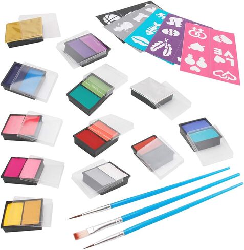 مجموعة طلاء الوجه للأطفال من سواك - 20 لونًا قابلاً للغسل + بريق ذهبي وفضي + 30 ستينسل + 3 فرش - مكياج آمن للوجه والجسم لحفلات الهالوين - غير سام، أساس مائي وسهل الاستخدام in Kuwait