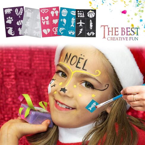 مجموعة طلاء الوجه للأطفال من سواك - 20 لونًا قابلاً للغسل + بريق ذهبي وفضي + 30 ستينسل + 3 فرش - مكياج آمن للوجه والجسم لحفلات الهالوين - غير سام، أساس مائي وسهل الاستخدام in Kuwait