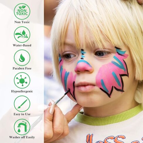 مجموعة طلاء الوجه للأطفال من سواك - 20 لونًا قابلاً للغسل + بريق ذهبي وفضي + 30 ستينسل + 3 فرش - مكياج آمن للوجه والجسم لحفلات الهالوين - غير سام، أساس مائي وسهل الاستخدام in Kuwait