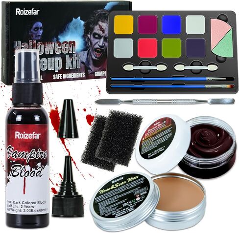 Roizefar Halloween SFX Makeup Kit,8 Colors Professional Special Effect Face Body Paint Palette with Scar Wax,Fake Blood Cream with Brushes,Spatula Tool,Stipple Sponge for Christmas Gifts,Cosplay in Kuwait