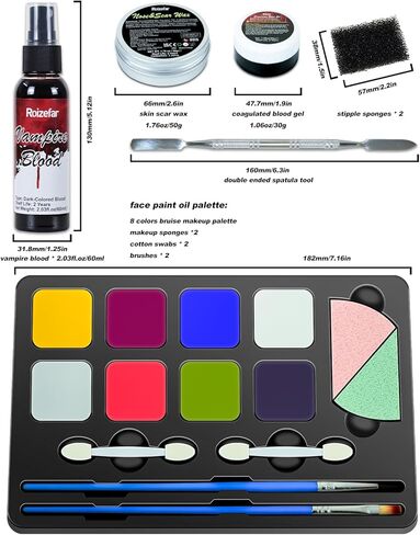 Roizefar Halloween SFX Makeup Kit,8 Colors Professional Special Effect Face Body Paint Palette with Scar Wax,Fake Blood Cream with Brushes,Spatula Tool,Stipple Sponge for Christmas Gifts,Cosplay in Kuwait
