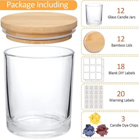 يوني هارت 12 عبوة من برطمانات الشموع الزجاجية 8 اونصة لصنع الشموع، برطمانات شموع شفافة مع اغطية من الخيزران وملصقات لاصقة، حاويات شموع فارغة كبيرة لصنع الشموع - امنة للاستخدام في غسالة الصحون in Kuwait