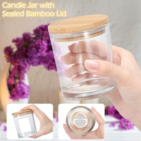 يوني هارت 12 عبوة من برطمانات الشموع الزجاجية 8 اونصة لصنع الشموع، برطمانات شموع شفافة مع اغطية من الخيزران وملصقات لاصقة، حاويات شموع فارغة كبيرة لصنع الشموع - امنة للاستخدام في غسالة الصحون in Kuwait