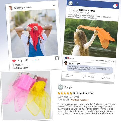 BASIC CONCEPTS Juggling Scarves (21 Pack), Play Scarves for Teens (7 Vibrant Colors), Dancing Scarves for Music and Movement, Fun Juggling Sets, Cool Rainbow Scarves Dance Props in Kuwait