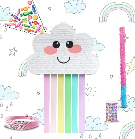 Cloud Rainbow Pinata 4-piece bundle for kids (17.5"x11"x5") Perfect for Cute Rainbow Birthday Decorations, Girls Party Supplies, 1st b-day Parties and More by Jergrim in Kuwait
