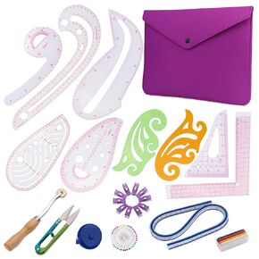 French Curve Ruler for Pattern Making Set,65 PCS Sewing Curve Ruler Kit with Felt Bag, 2 Cloud Ruler,7 Sewing Ruler,Sewing Clips,Tracing Wheel,Curved Ruler and Colorful Straight Pins for Sewing