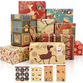 Christmas Wrapping Paper, 12 Sheets Recycled Gift Wrapping Paper Set, 70 x 50cm Kraft Wrapping Paper Sheets with Tags Stickers for Gift Wrapping, Wrapping Paper for Christmas New Year Holiday, Deco, DIY