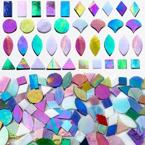 ILLUCKAI 7 Shapes Iridescent Glass Mosaic Tiles for Crafts, 280g Mosaic Glass Pieces for Home Decor, Stained Glass Supplies for Glass Mosaic Projects (Iridescent Aqua)