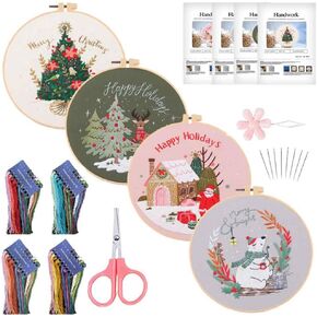 NEWSEE 4 pcs Beginner Embroidery Kit with Patterns and Instructions for Adults,Full Set of Cross Stitch Kit Set,Including Embroidery Hoop Cloth Thread Needlepoint Kit (Floral Series)
