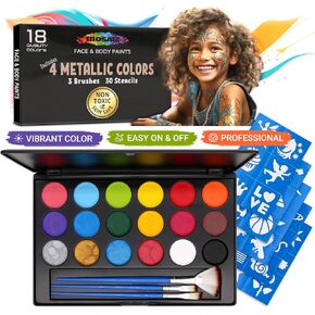 Facepaints Makeup Palette, Facepaint and Body Paint Set, Makeup Kit for Kids Party and Purim Costumes, Make up for Kids and Adults Professional, 18 Colors, 4 Metallic, 3 Brushes 30 Stencils in Kuwait