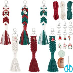 INFUNLY 6 Sets Christmas Macrame Keychain Kit for Adults DIY Macrame Wristlet Kits Macrame Keychain with Tassels DIY Christmas Gift for Family with Instructions Macrame Pendant for Handbags Schoolbags