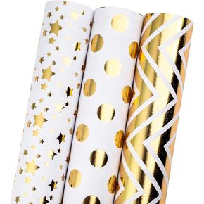 Homeral 3 Mini Wrapping Paper Rolls-42.5sqft(17 * 120inch per roll) Black with Gold Foil String/Geometric Patterns for Christmas, Birthday, Wedding, Baby Shower, Bridal Shower, Valentine's Day