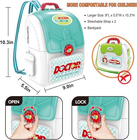 مجموعة طبيب لعبة جينميك للأطفال، 22 قطعة للأطفال الصغار مجموعة طبيب التظاهر مع زي طبيب لعب الأدوار وحقيبة ظهر طبية كبيرة جدًا، مجموعات دكتور طبية للأولاد والبنات بعمر 3 4 5 6 7 سنوات هدية in Kuwait