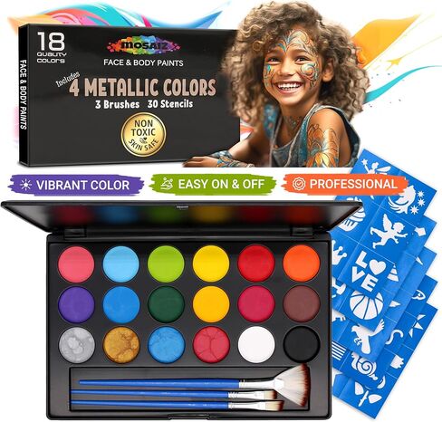 Facepaints Makeup Palette, Facepaint and Body Paint Set, Makeup Kit for Kids Party and Purim Costumes, Make up for Kids and Adults Professional, 18 Colors, 4 Metallic, 3 Brushes 30 Stencils in Kuwait