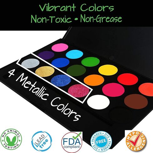 Facepaints Makeup Palette, Facepaint and Body Paint Set, Makeup Kit for Kids Party and Purim Costumes, Make up for Kids and Adults Professional, 18 Colors, 4 Metallic, 3 Brushes 30 Stencils in Kuwait