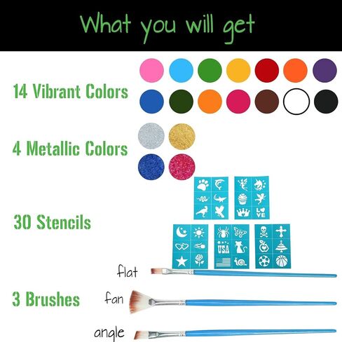 Facepaints Makeup Palette, Facepaint and Body Paint Set, Makeup Kit for Kids Party and Purim Costumes, Make up for Kids and Adults Professional, 18 Colors, 4 Metallic, 3 Brushes 30 Stencils in Kuwait