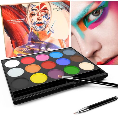 مجموعة طلاء الوجه والجسم، لوحة المكياج التي تعمل بالماء في الهالوين، تخزين مدمج في المساحة مع فرشتين - مجموعة طلاء فنية آمنة احترافية 15 لونًا للحفلات التنكرية والحفلات in Kuwait