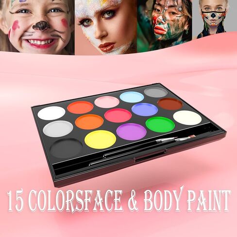 مجموعة طلاء الوجه والجسم، لوحة المكياج التي تعمل بالماء في الهالوين، تخزين مدمج في المساحة مع فرشتين - مجموعة طلاء فنية آمنة احترافية 15 لونًا للحفلات التنكرية والحفلات in Kuwait