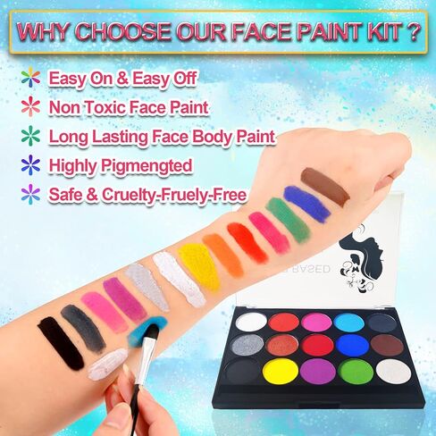 مجموعة طلاء الوجه والجسم، لوحة المكياج التي تعمل بالماء في الهالوين، تخزين مدمج في المساحة مع فرشتين - مجموعة طلاء فنية آمنة احترافية 15 لونًا للحفلات التنكرية والحفلات in Kuwait