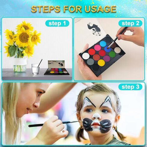 مجموعة طلاء الوجه والجسم، لوحة المكياج التي تعمل بالماء في الهالوين، تخزين مدمج في المساحة مع فرشتين - مجموعة طلاء فنية آمنة احترافية 15 لونًا للحفلات التنكرية والحفلات in Kuwait