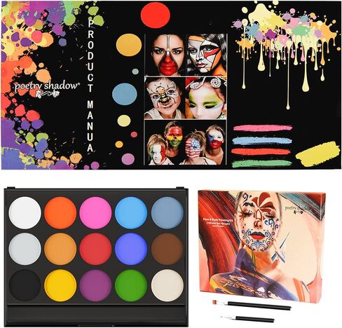 مجموعة طلاء الوجه والجسم، لوحة المكياج التي تعمل بالماء في الهالوين، تخزين مدمج في المساحة مع فرشتين - مجموعة طلاء فنية آمنة احترافية 15 لونًا للحفلات التنكرية والحفلات in Kuwait