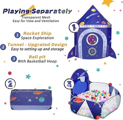 TTLOJ Gift 3pc Rocket Ship Kids Play Tent, Ball Pit, Crawl Tunnel, Toddlers Playhouse Castle Toys, Baby Boys Girls Gift for 3 4 5 6 7 Year Old, Outdoor Indoor(Balls Not Included) in Kuwait