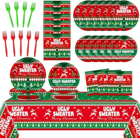 98 قطعة من لوازم حفلات الكريسماس، لوحات زهرة البونسيتة، زخارف مفرش المائدة لعيد الميلاد، أدوات المائدة، شوك ورقية، أطباق مناديل تخدم 24 ضيفًا in Kuwait