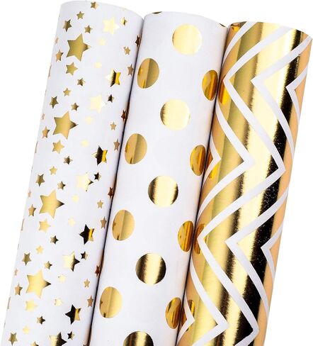 3 لفات ورق تغليف صغيرة من هومرال - 42.5 قدم مربع (17 * 120 بوصة لكل لفة) باللون الأسود مع سلسلة من رقائق الذهب/أنماط هندسية لعيد الميلاد، وأعياد الميلاد، والزفاف، وحفلات استقبال المولود الجديد، وحفلات الزفاف، وعيد الحب in Kuwait