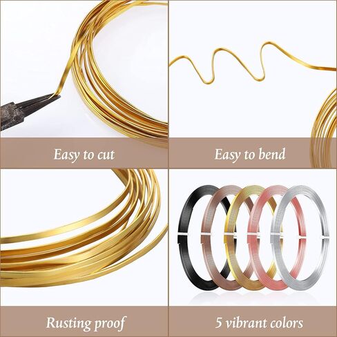 Hotop 5 Rolls Flat Aluminum Wire Bendable Anodized Craft Wire for Jewelry Making Soft Metal Wire for DIY Bezel Sculpting, 16.4 Feet 3 mm, Gold, Sliver, Black, Light Copper, Brown in Saudi Arabia