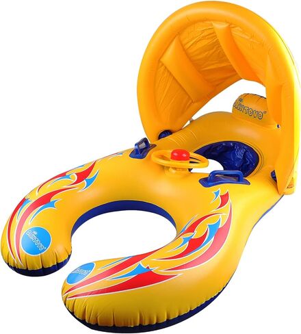 Kalolary Inflatable Baby Swimming Ring, Mommy and Baby Parent-Child Double Person Inflatable Float Seat Swimming Boat with Removable Sun Canopy for Baby and Mom Swim Ring Summer Pool Supplies in Saudi Arabia
