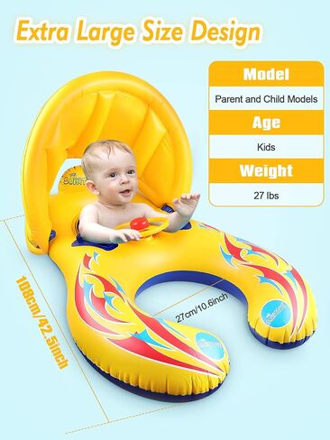 Kalolary Inflatable Baby Swimming Ring, Mommy and Baby Parent-Child Double Person Inflatable Float Seat Swimming Boat with Removable Sun Canopy for Baby and Mom Swim Ring Summer Pool Supplies in Saudi Arabia