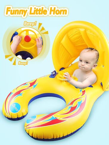 Kalolary Inflatable Baby Swimming Ring, Mommy and Baby Parent-Child Double Person Inflatable Float Seat Swimming Boat with Removable Sun Canopy for Baby and Mom Swim Ring Summer Pool Supplies in Saudi Arabia