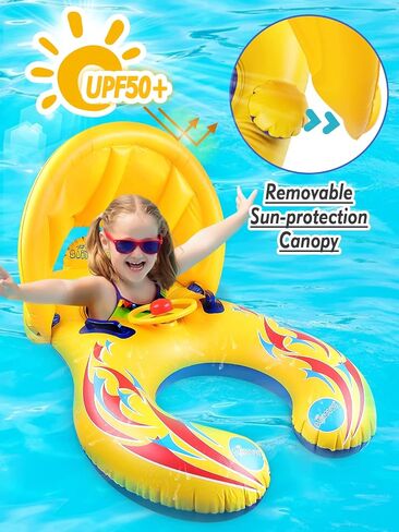Kalolary Inflatable Baby Swimming Ring, Mommy and Baby Parent-Child Double Person Inflatable Float Seat Swimming Boat with Removable Sun Canopy for Baby and Mom Swim Ring Summer Pool Supplies in Saudi Arabia