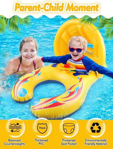 Kalolary Inflatable Baby Swimming Ring, Mommy and Baby Parent-Child Double Person Inflatable Float Seat Swimming Boat with Removable Sun Canopy for Baby and Mom Swim Ring Summer Pool Supplies in Saudi Arabia