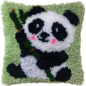 HAPYPando Latch Hook Kits 17X17 Inch Pillow Cover Pattern Printed DIY for Kids and Adults Gift for Family Friends Needlework Crafts Rug Cute Panda Bamboo