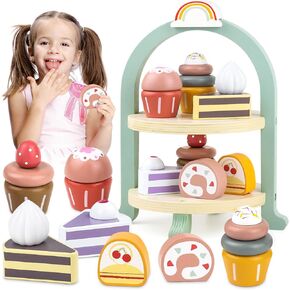 Cake Playset Toy for Toddler Wooden Play Food for Girls Kids Kitchen Accessories Cupcake Party Pretend Play for 2 3 4 5 6 Year Old Girl Boy Birthday Gift