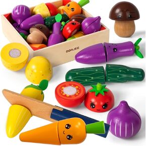 Dorjee Wood Play Food, Kitchen Toys for Kids Age 3-5, Toy Fruits and Vegetables for Toddlers, Velcro Food Cutting Toys for Pretend Play, Gifts for 2 Year Old in Kuwait